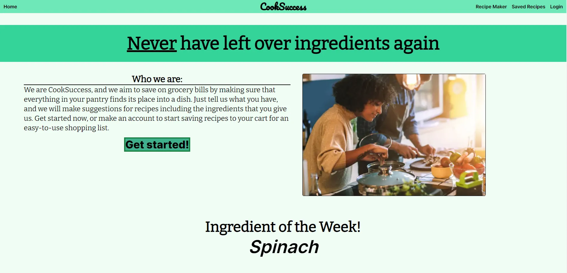 The Landing page of the website